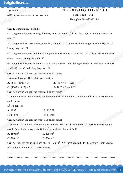 Đề số 14 - Đề kiểm tra học kì 1 - Toán lớp 4